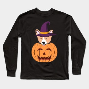 Halloween Cute Corgi With Witch Hat Stuck In A Pumpkin Head. Long Sleeve T-Shirt